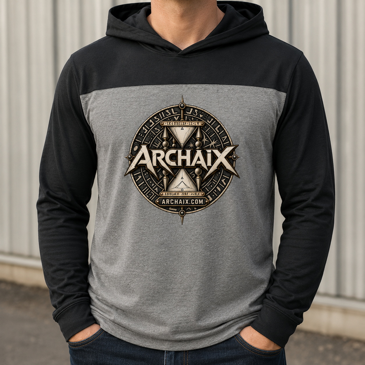 ARCHAIX Crest two-tone long sleeve hoodie in Black and Vintage Heather