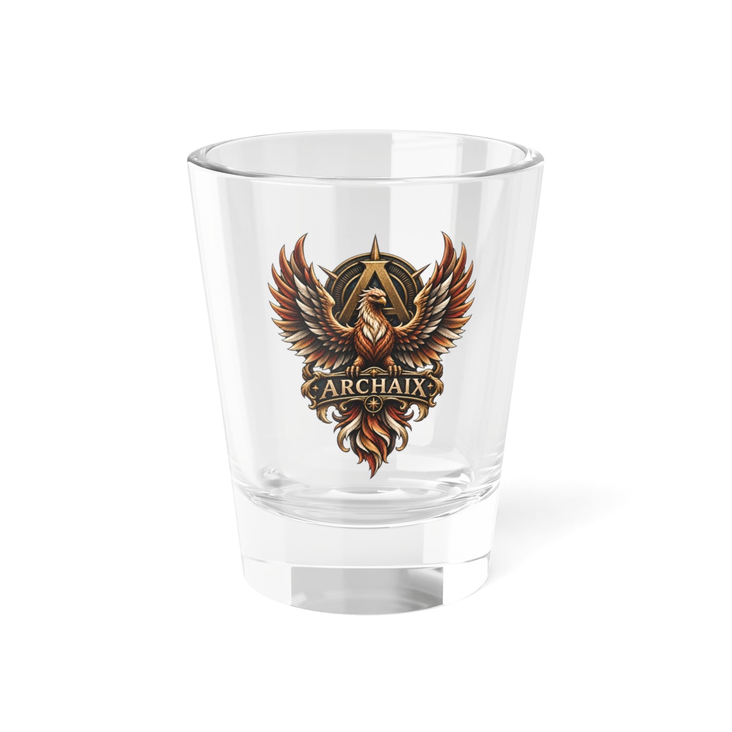 ARCHAIX antique gold phoenix crest 1.5 oz printed shot glass