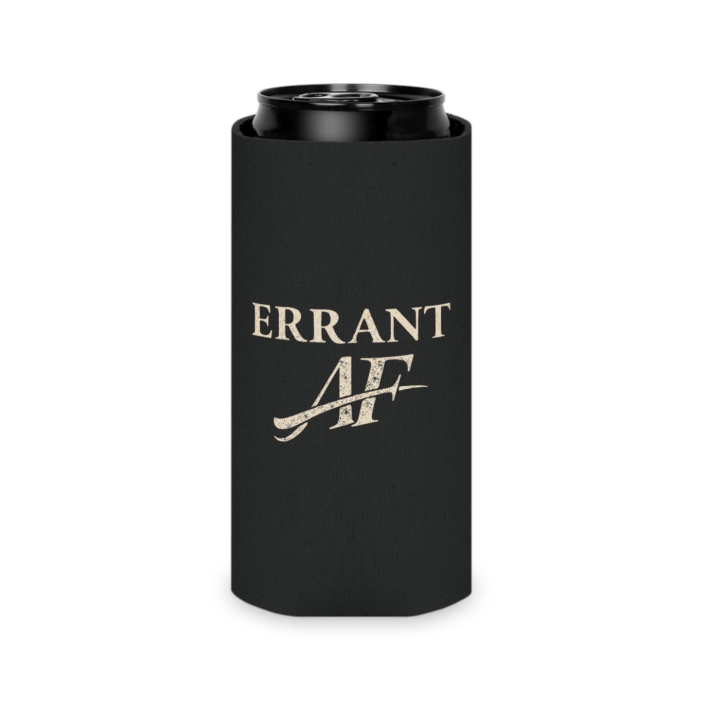 Errant AF black can cooler with distressed cream typography