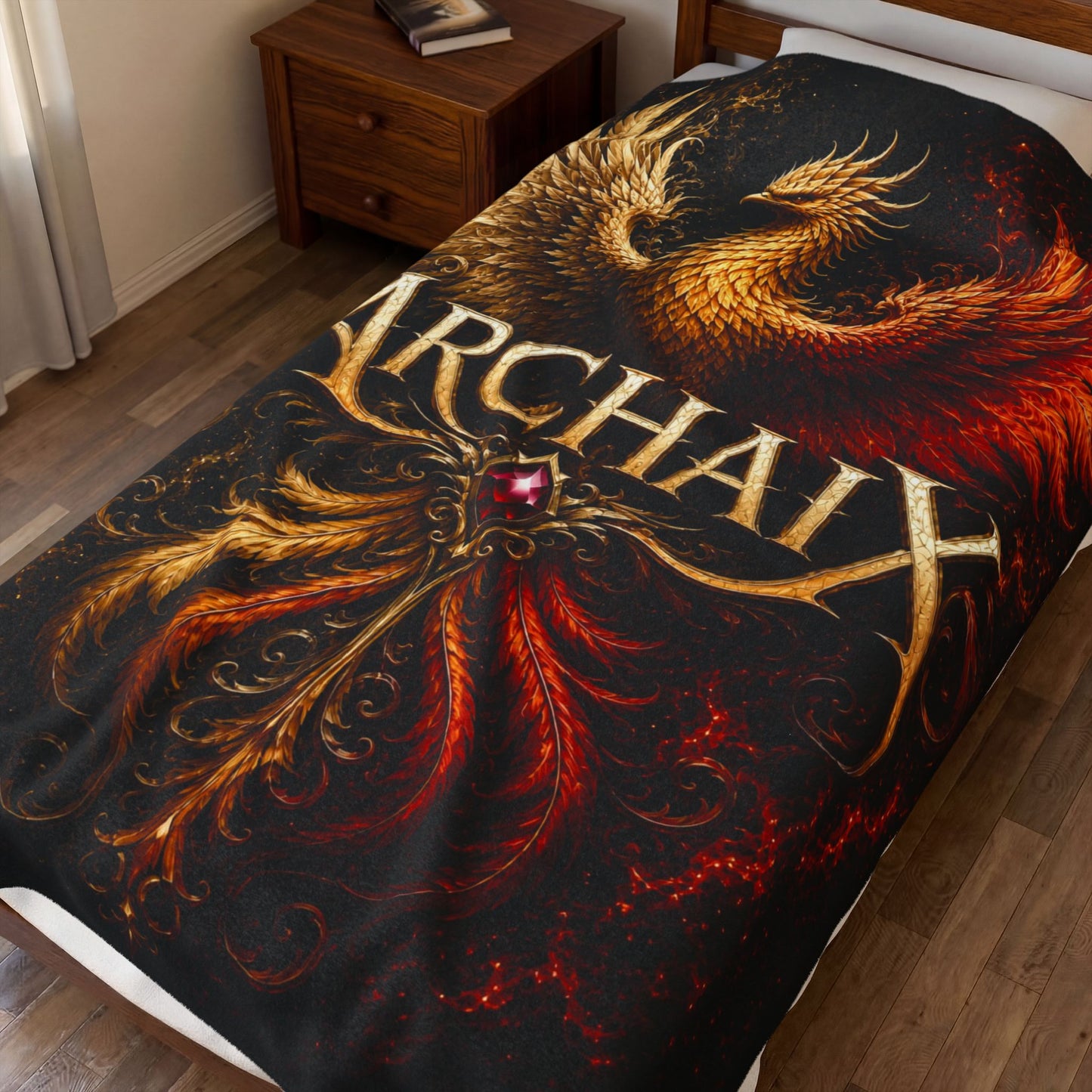 ARCHAIX gold and ember phoenix emblem velveteen blanket
