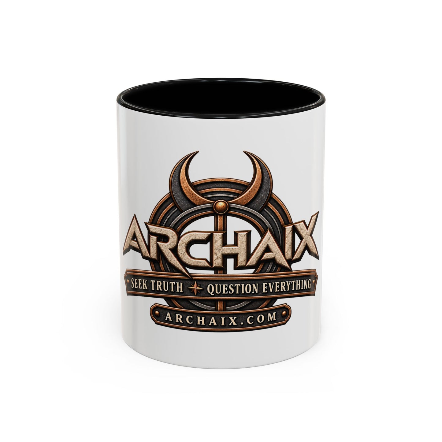 See Truth Question Everything black-accent ceramic mug main product mockup