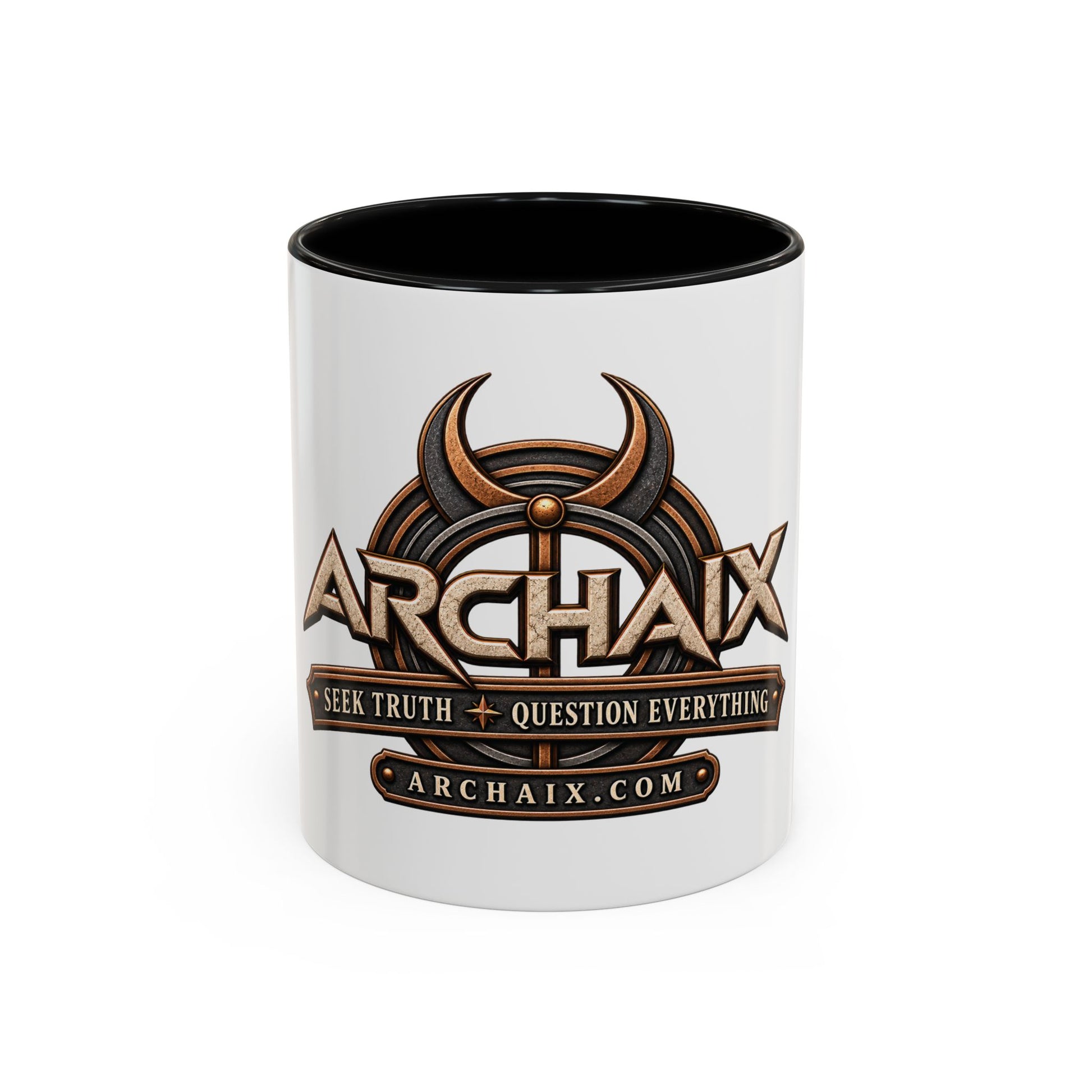 See Truth Question Everything black-accent ceramic mug main product mockup