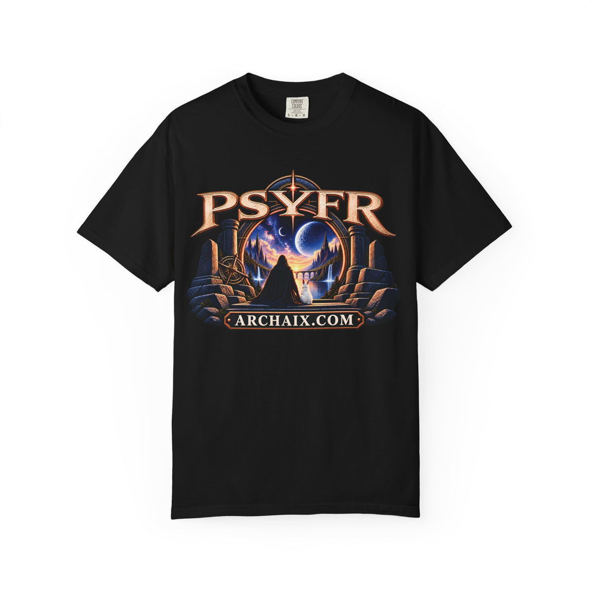 PSYFR Beyond the Threshold celestial crystal ball graphic T-shirt mockup