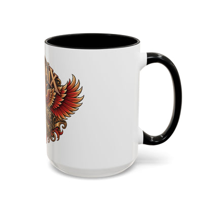 ARCHAIX Break Free Phoenix artwork on black-accent ceramic mug