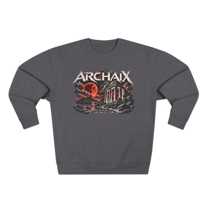 ARCHAIX Blood Moon Ruins Lane Seven crewneck sweatshirt in Black, Charcoal Heather, and Heather Grey