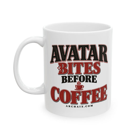 Avatar Bites Before Coffee ceramic mug — main product view