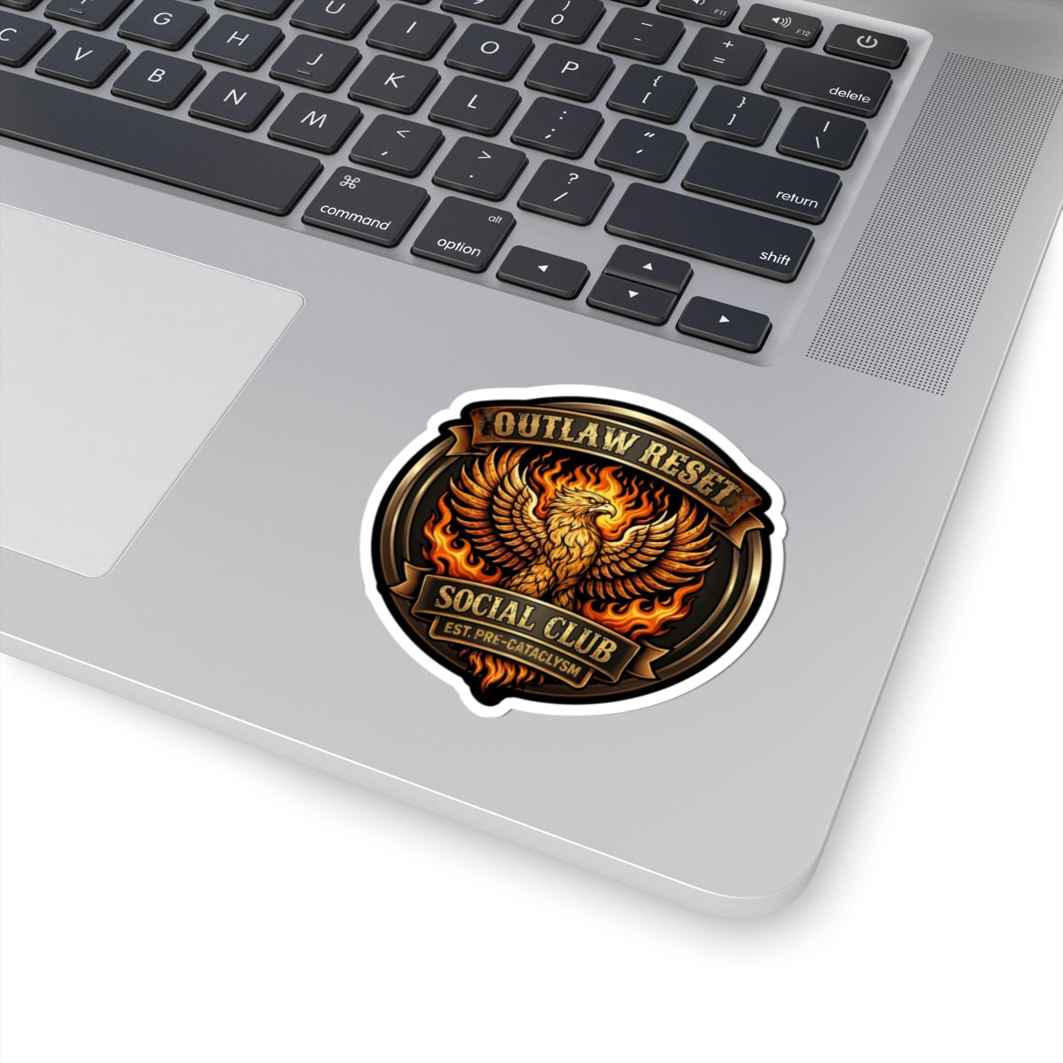 Outlaw Reset Social Club retro phoenix badge sticker mockup