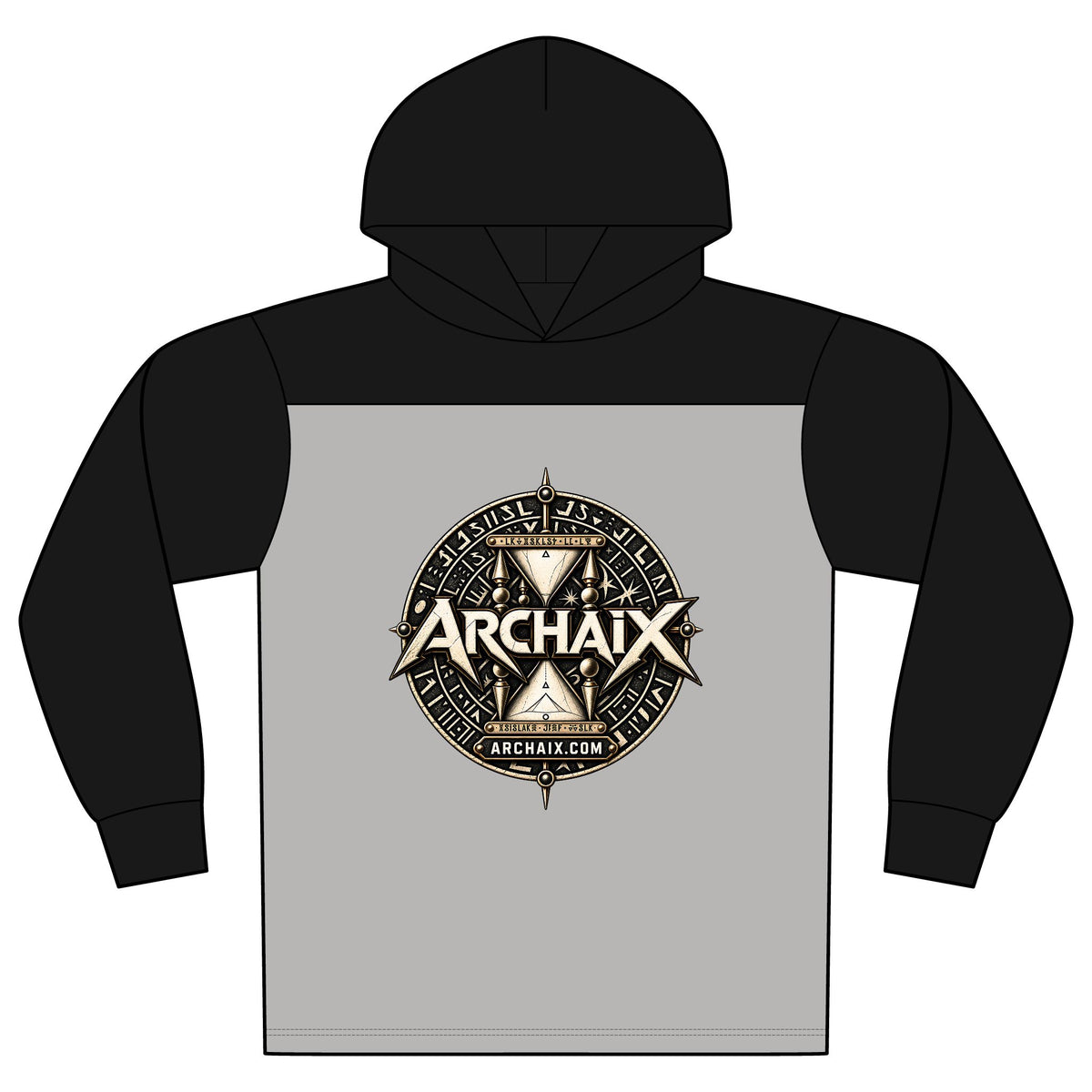 ARCHAIX Crest two-tone long sleeve hoodie in Black and Vintage Heather