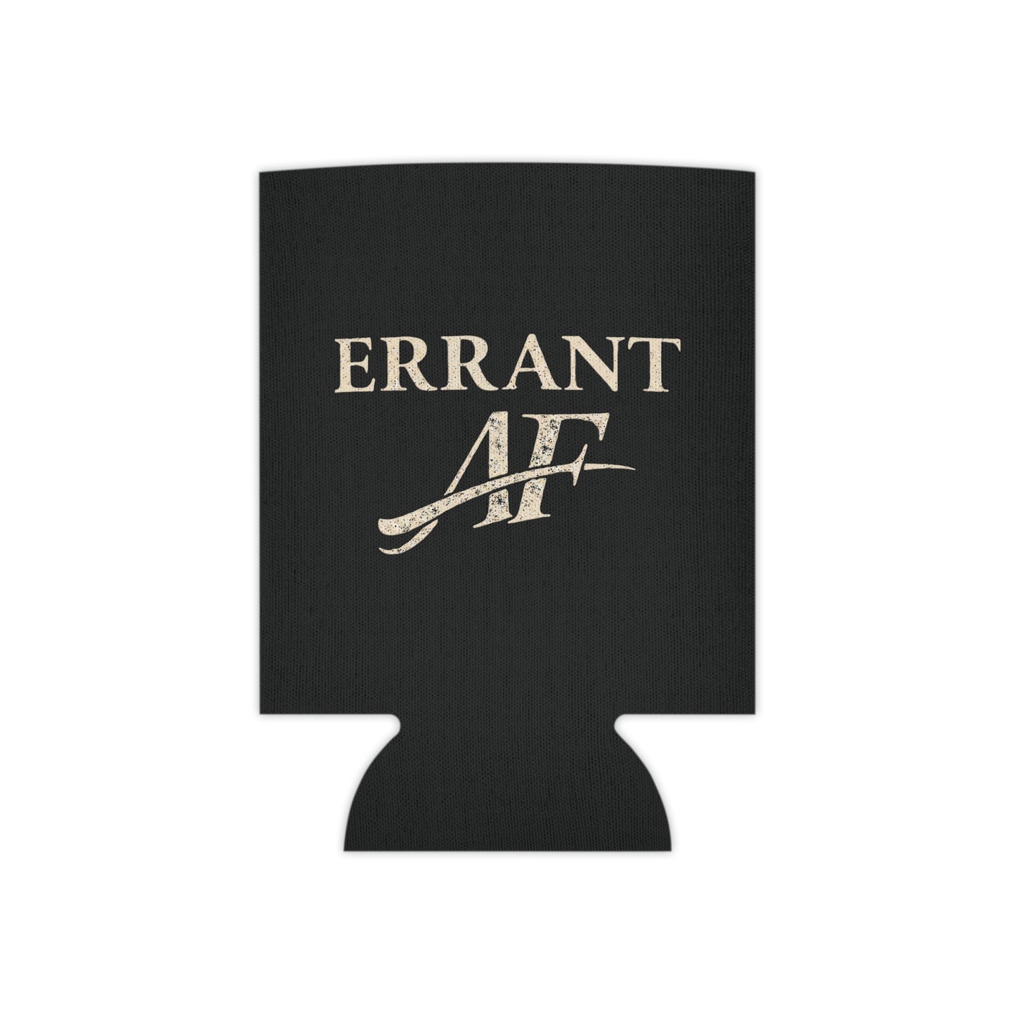 Errant AF black can cooler with distressed cream typography