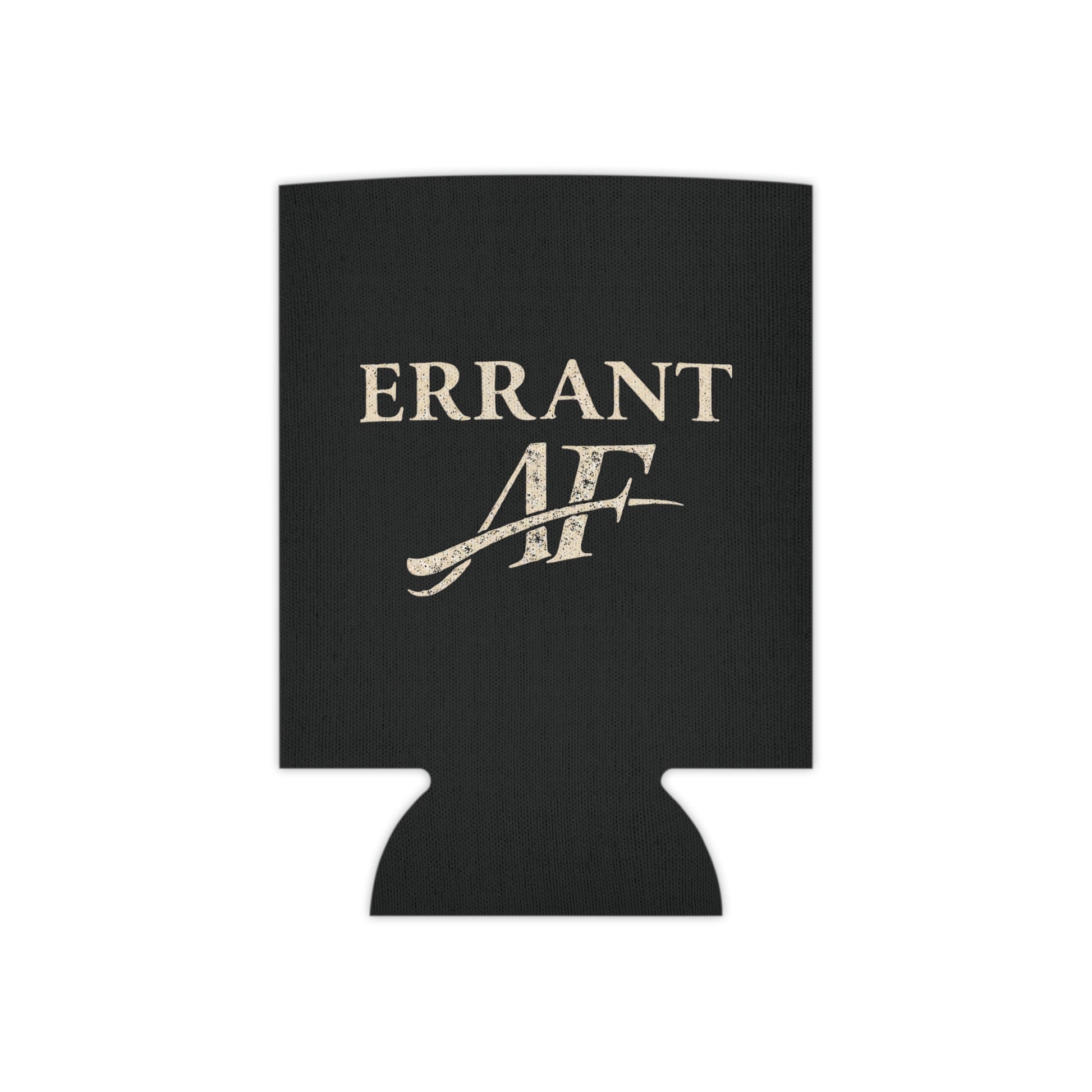 Errant AF black can cooler with distressed cream typography