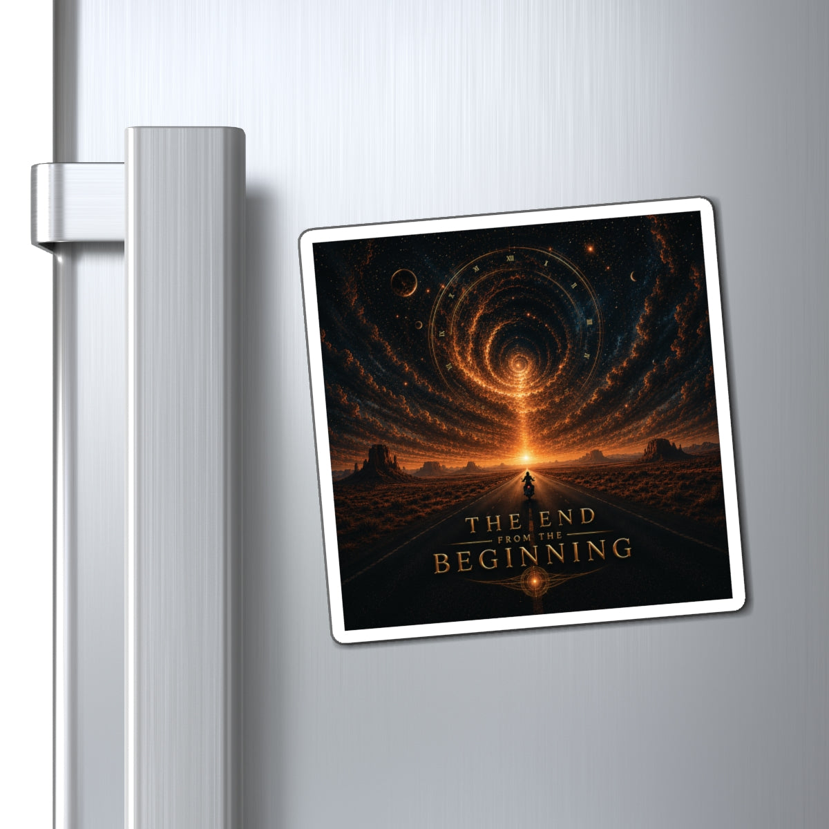 ARCHAIX refrigerator magnet with motorcyclist and celestial clock artwork