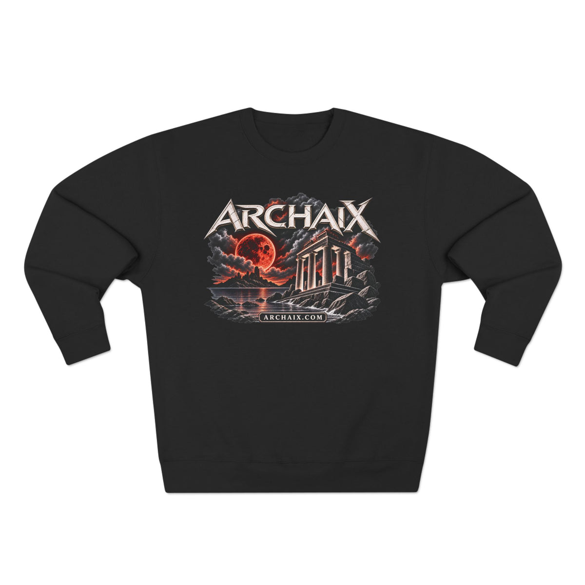 ARCHAIX Blood Moon Ruins Lane Seven crewneck sweatshirt in Black, Charcoal Heather, and Heather Grey