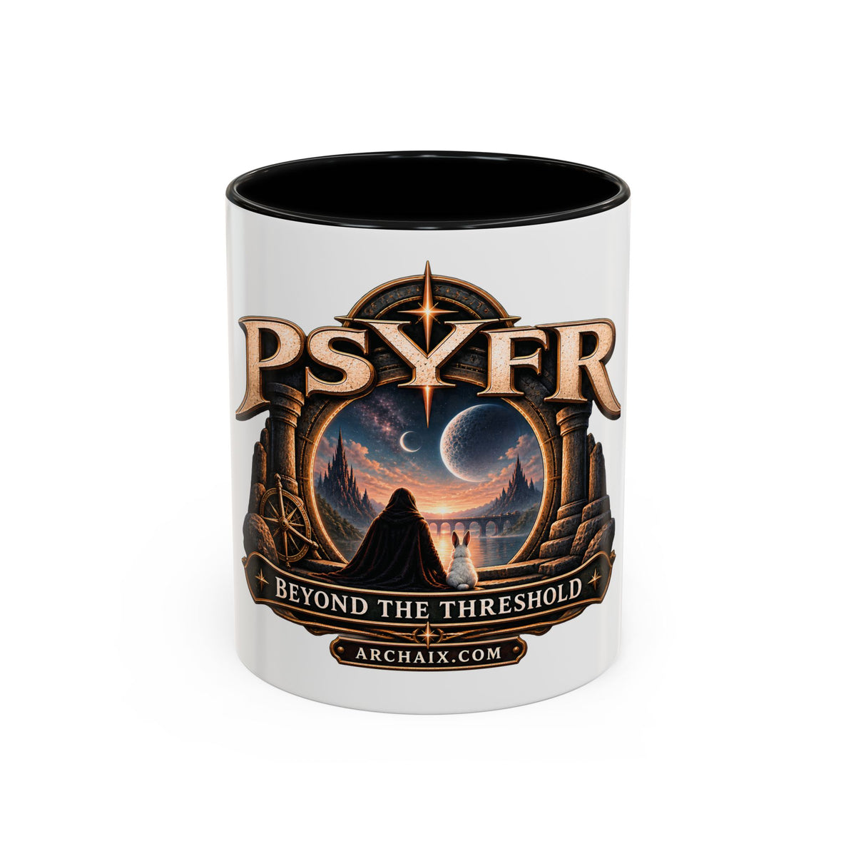 PSYFR Beyond the Threshold black-accent ceramic mug main product mockup
