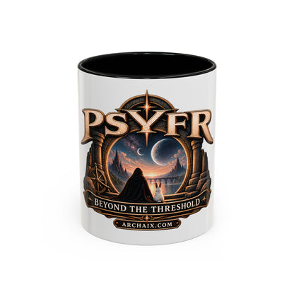 PSYFR Beyond the Threshold black-accent ceramic mug main product mockup