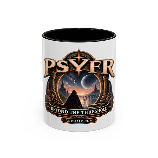 PSYFR Beyond the Threshold black-accent ceramic mug main product mockup