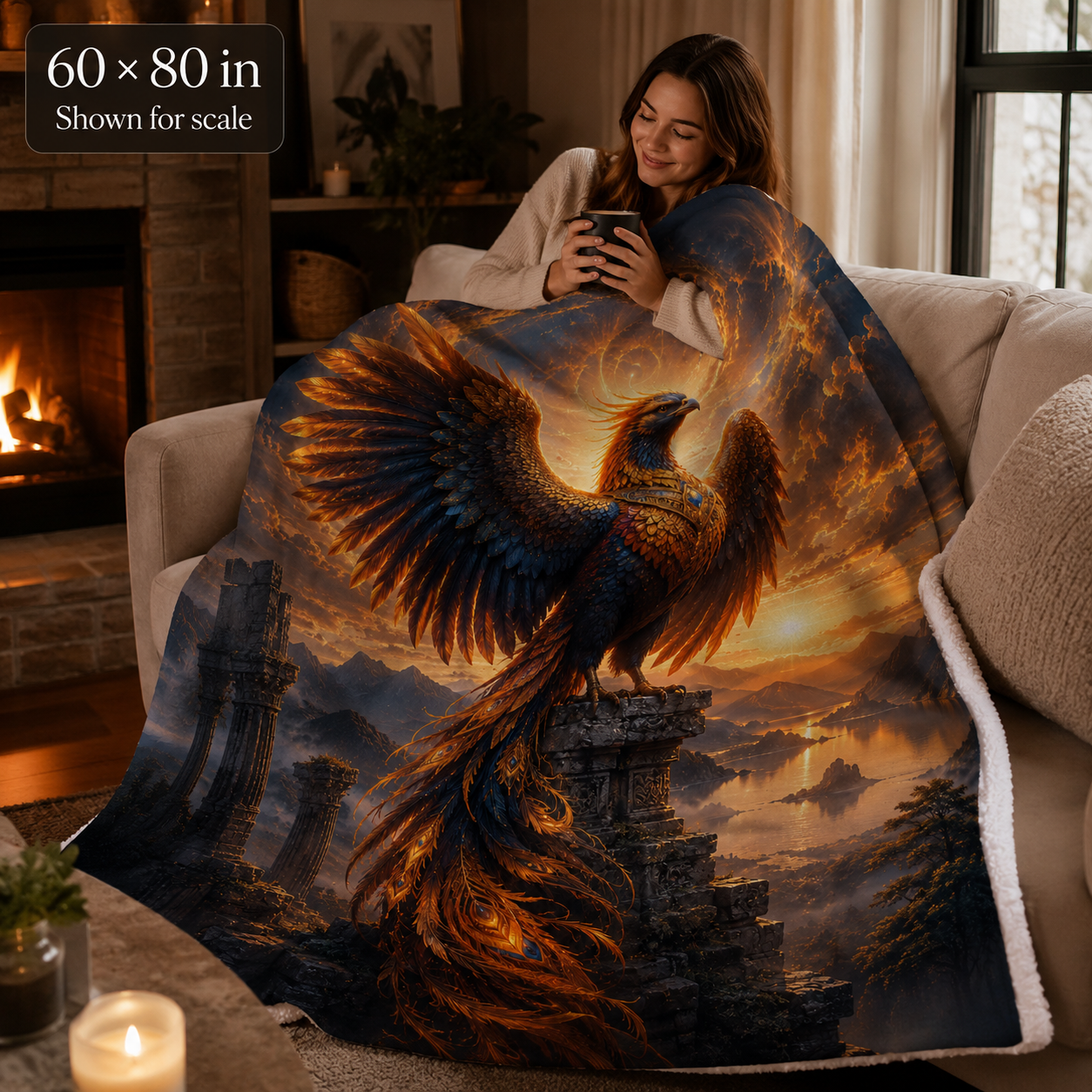 ARCHAIX Phoenix at the Ruined Temple velveteen plush blanket product image