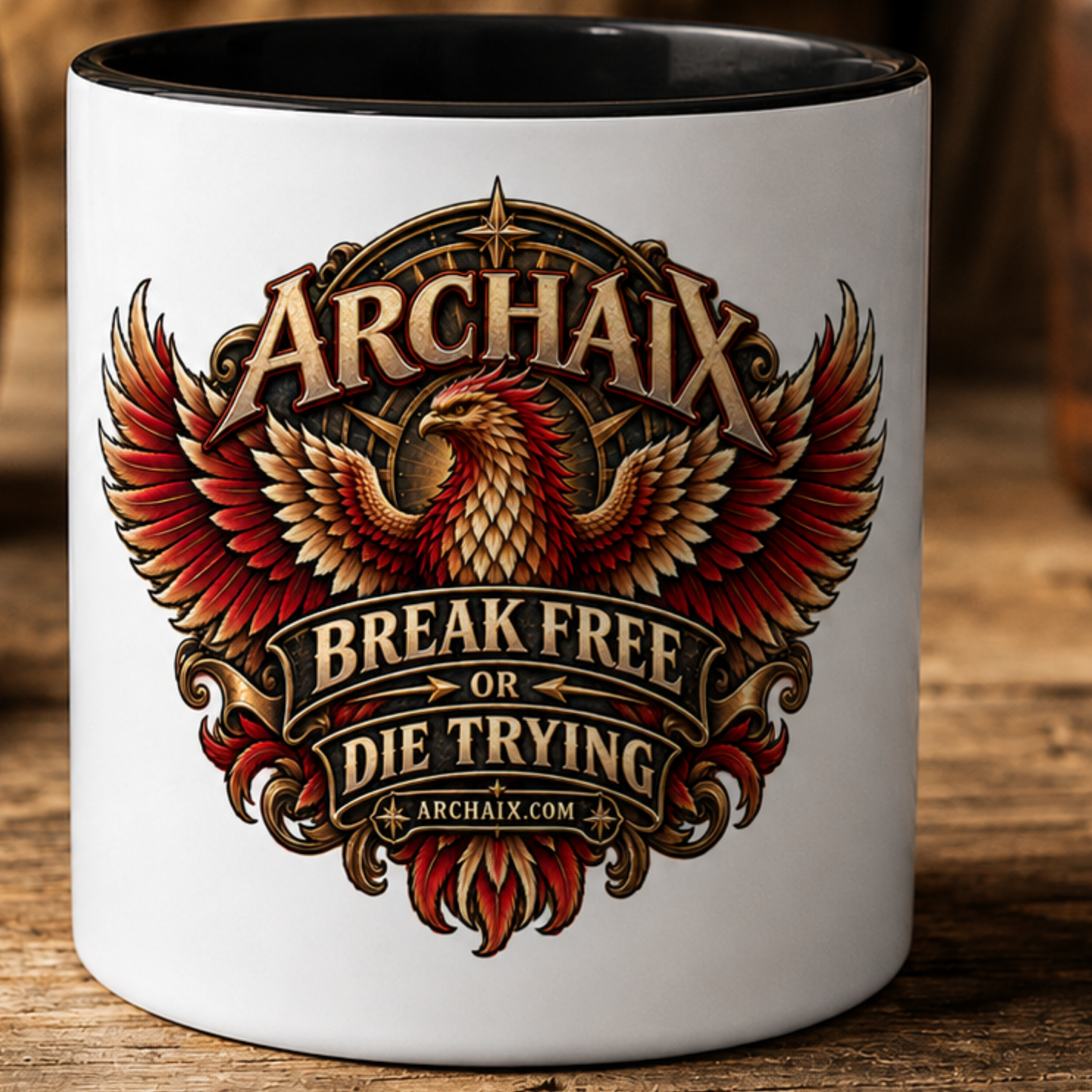 ARCHAIX Break Free Phoenix black-accent mug — main product view