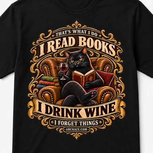 I Read Books, I Drink Wine, I Forget Things black T-shirt main product image