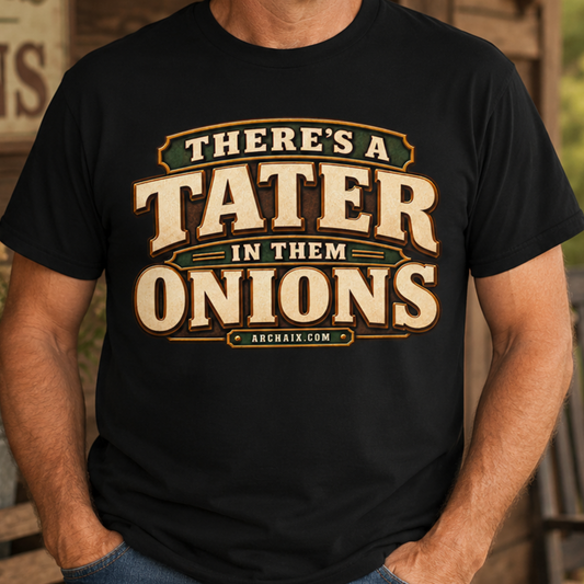 There’s a Tater in Them Onions graphic T-shirt — main product mockup