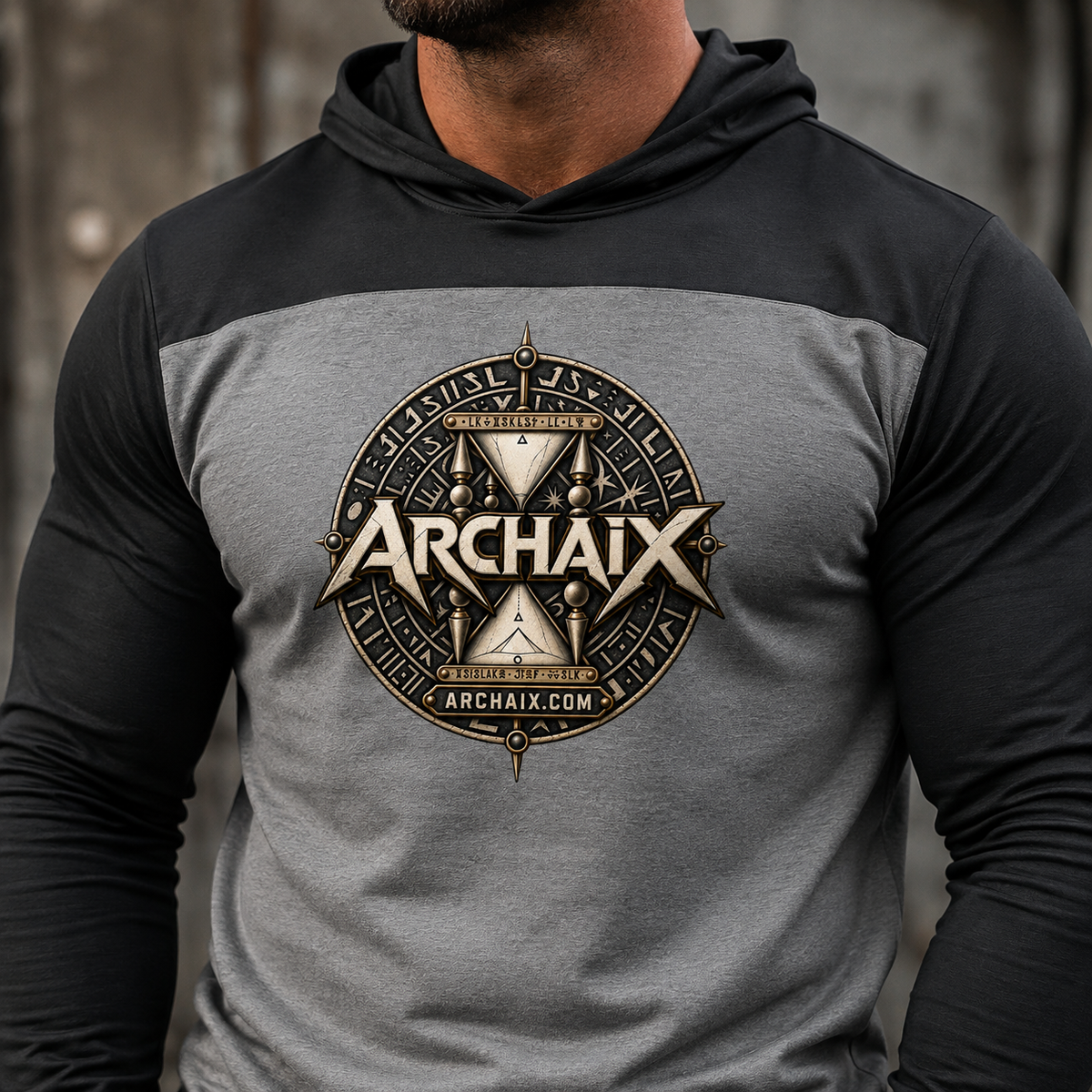 ARCHAIX Crest two-tone long sleeve hoodie in Black and Vintage Heather