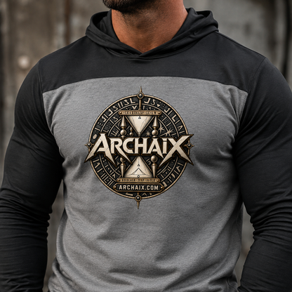 ARCHAIX Crest two-tone long sleeve hoodie in Black and Vintage Heather