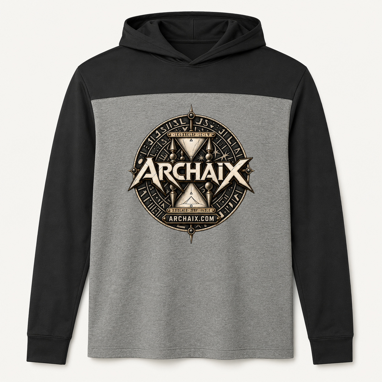 ARCHAIX Crest two-tone long sleeve hoodie in Black and Vintage Heather