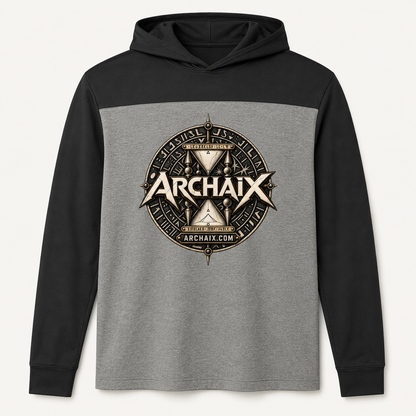 ARCHAIX Crest two-tone long sleeve hoodie in Black and Vintage Heather