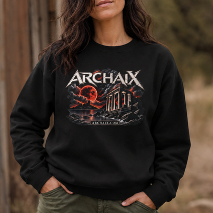 ARCHAIX Blood Moon Ruins Lane Seven crewneck sweatshirt in Black, Charcoal Heather, and Heather Grey