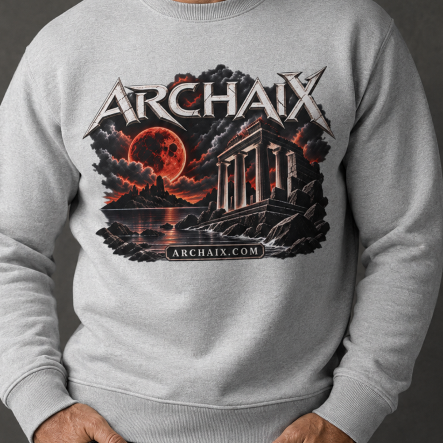 ARCHAIX Blood Moon Ruins Lane Seven crewneck sweatshirt in Black, Charcoal Heather, and Heather Grey
