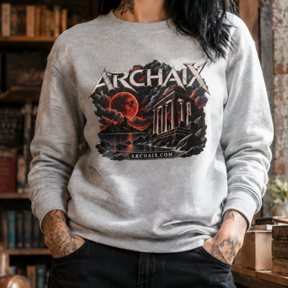 ARCHAIX Blood Moon Ruins Lane Seven crewneck sweatshirt in Black, Charcoal Heather, and Heather Grey