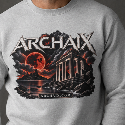ARCHAIX Blood Moon Ruins Lane Seven crewneck sweatshirt in Black, Charcoal Heather, and Heather Grey