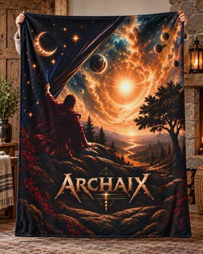 ARCHAIX The Veil Gives Way blanket held upright in a rustic room, showing the celestial landscape and ARCHAIX wordmark