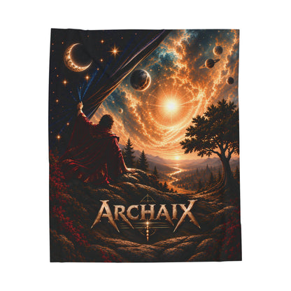 Full front view of The Veil Gives Way blanket, with a red-robed figure lifting a starry veil above a glowing valley