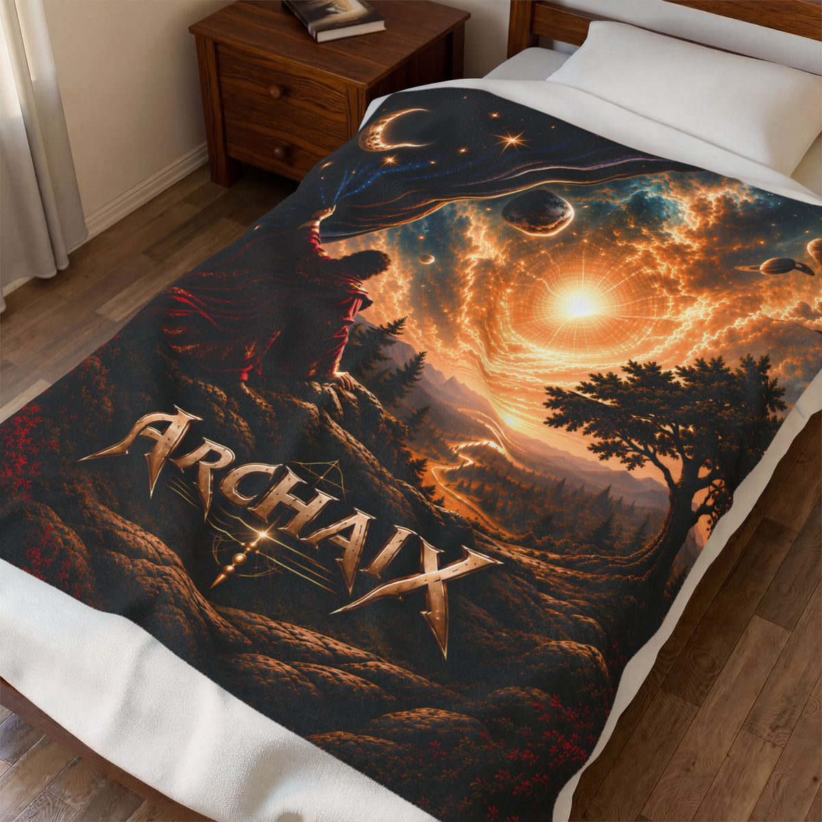 ARCHAIX The Veil Gives Way blanket spread across a bed, showing the celestial artwork and printed front