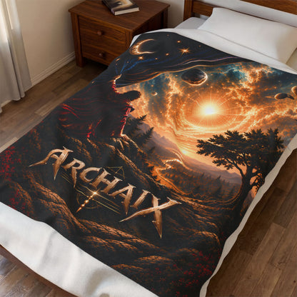 ARCHAIX The Veil Gives Way blanket spread across a bed, showing the celestial artwork and printed front