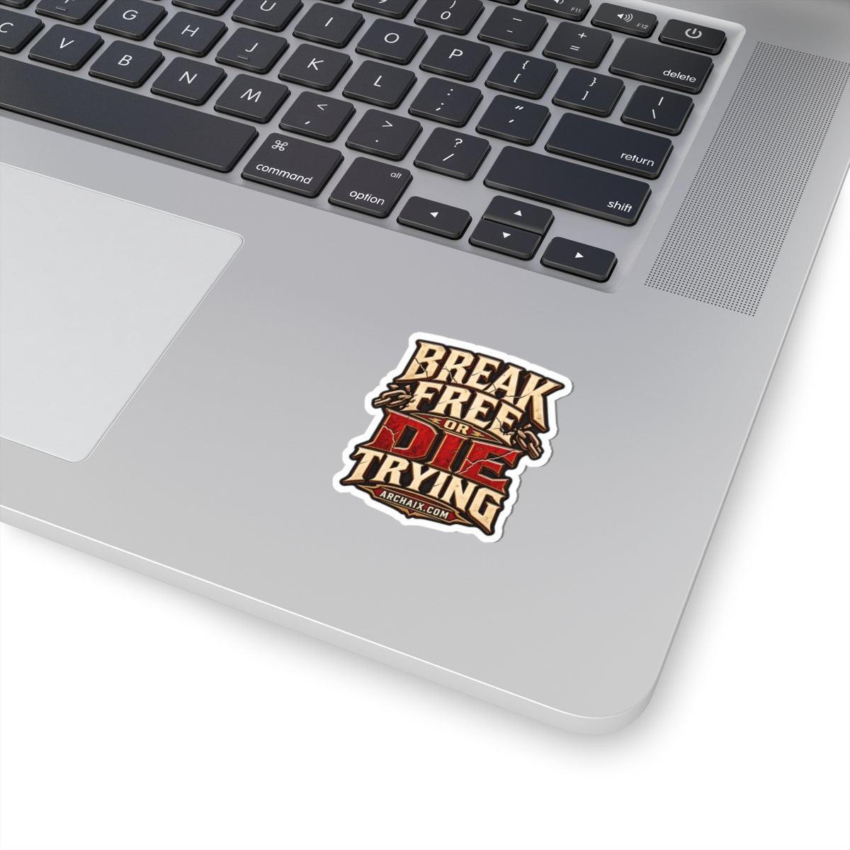 Distressed Break Free or Die Trying kiss-cut sticker product mockup