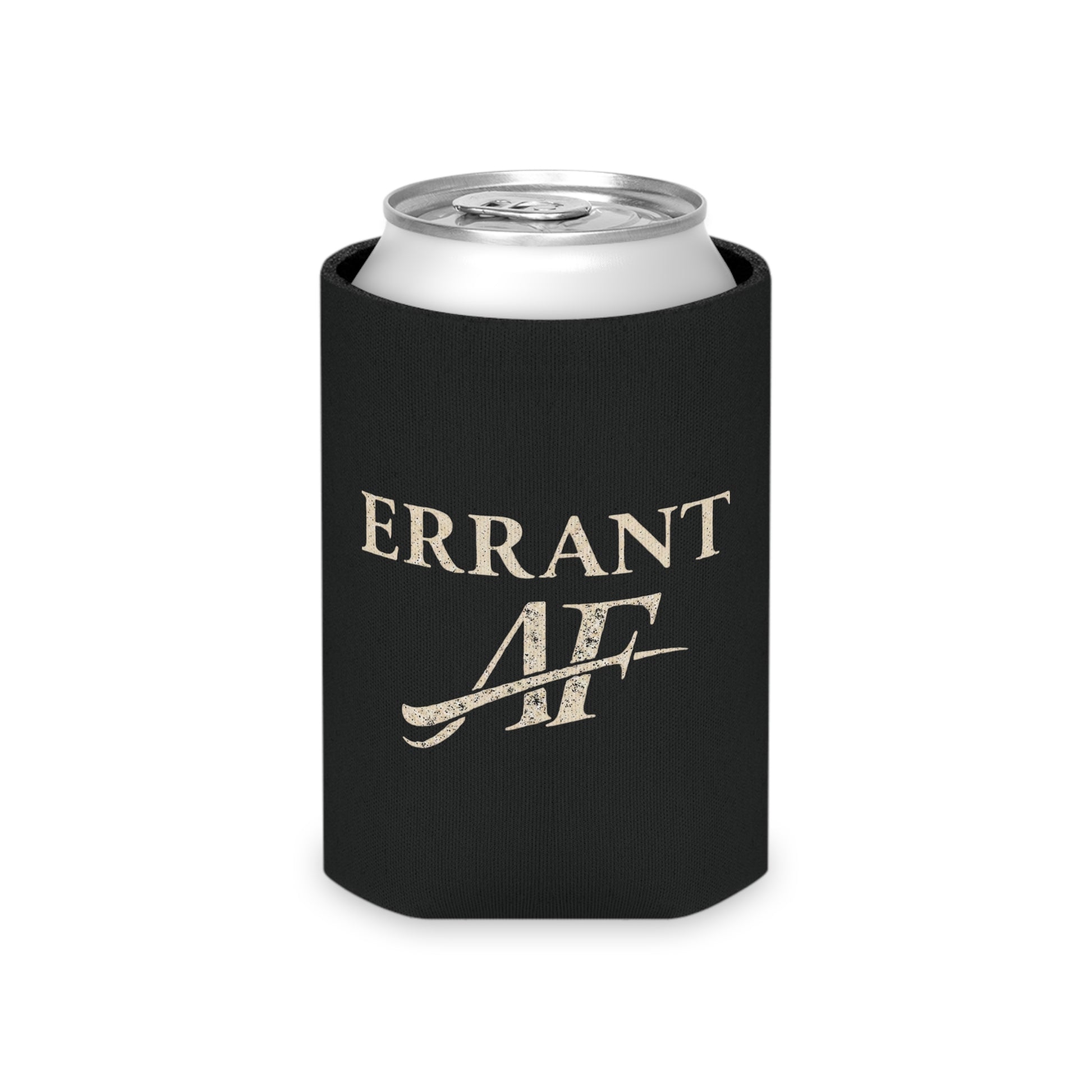 Errant AF black can cooler with distressed cream typography