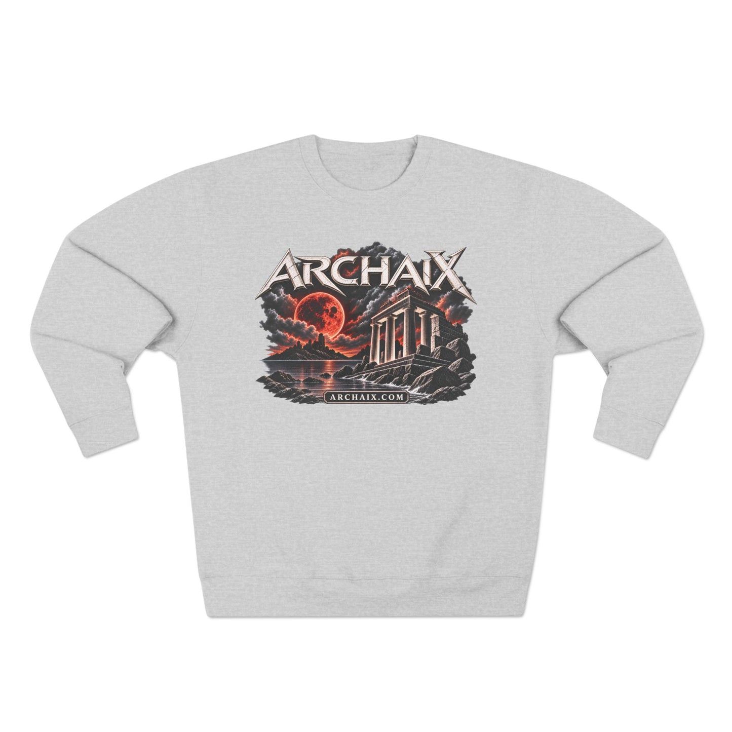 ARCHAIX Blood Moon Ruins Lane Seven crewneck sweatshirt in Black, Charcoal Heather, and Heather Grey