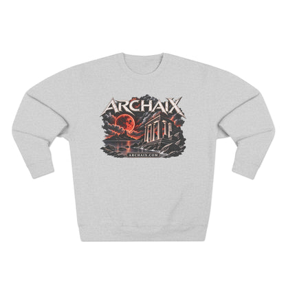 ARCHAIX Blood Moon Ruins Lane Seven crewneck sweatshirt in Black, Charcoal Heather, and Heather Grey