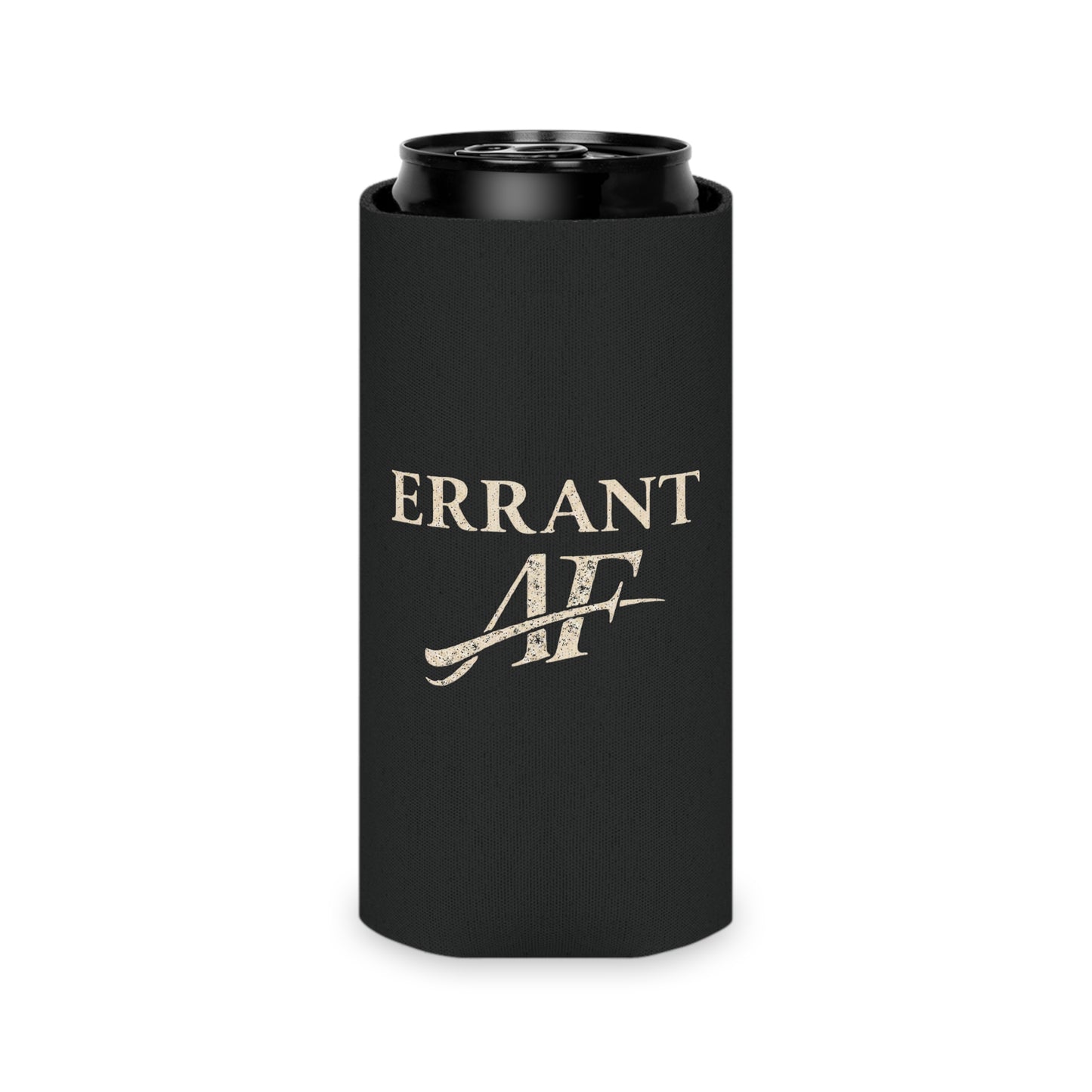 Errant AF black can cooler with distressed cream typography
