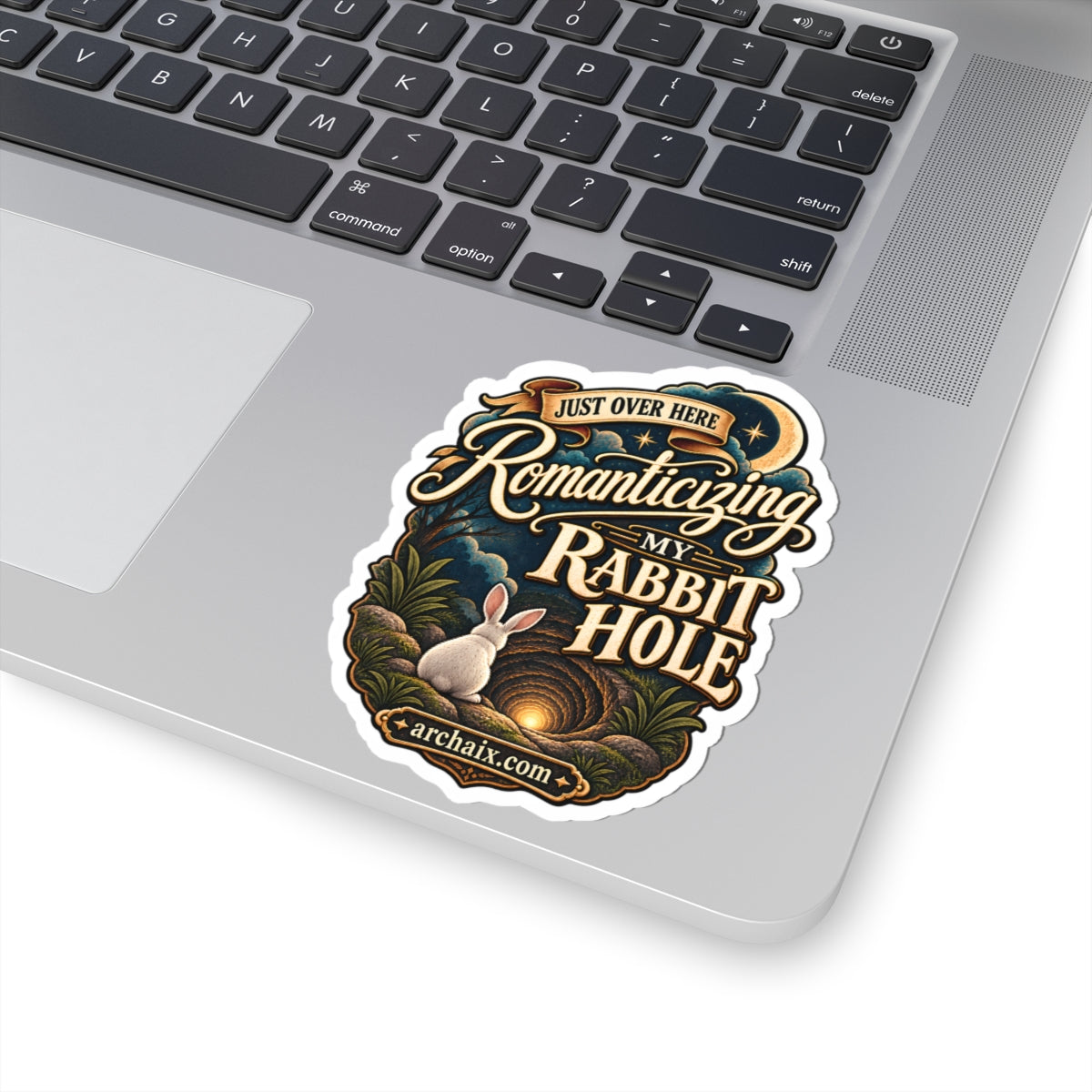 Romanticizing My Rabbit Hole whimsical rabbit sticker product mockup