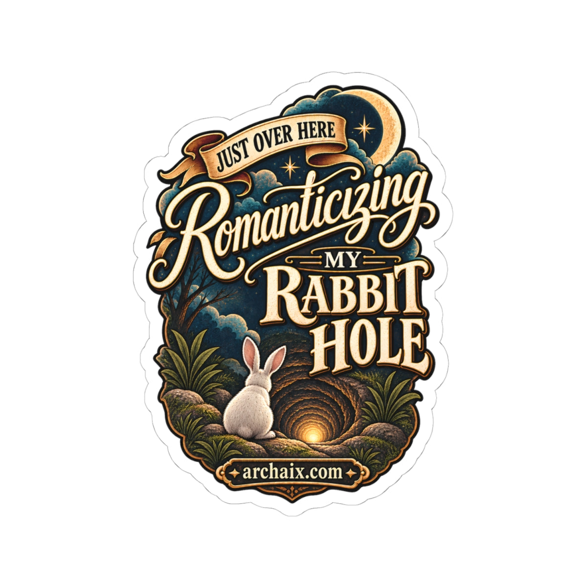 Romanticizing My Rabbit Hole sticker product view with rabbit hole artwork