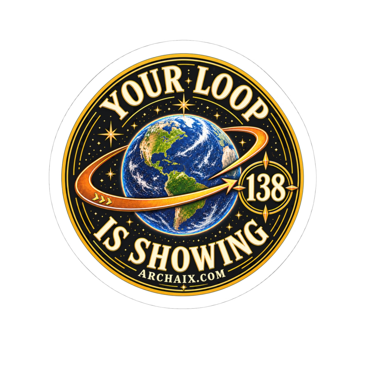 Your Loop Is Showing sticker product view with globe and 138 design