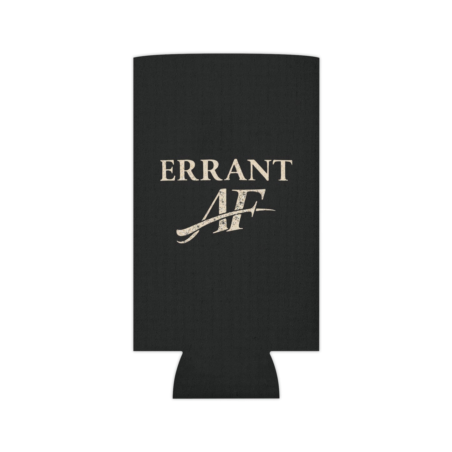 Errant AF black can cooler with distressed cream typography