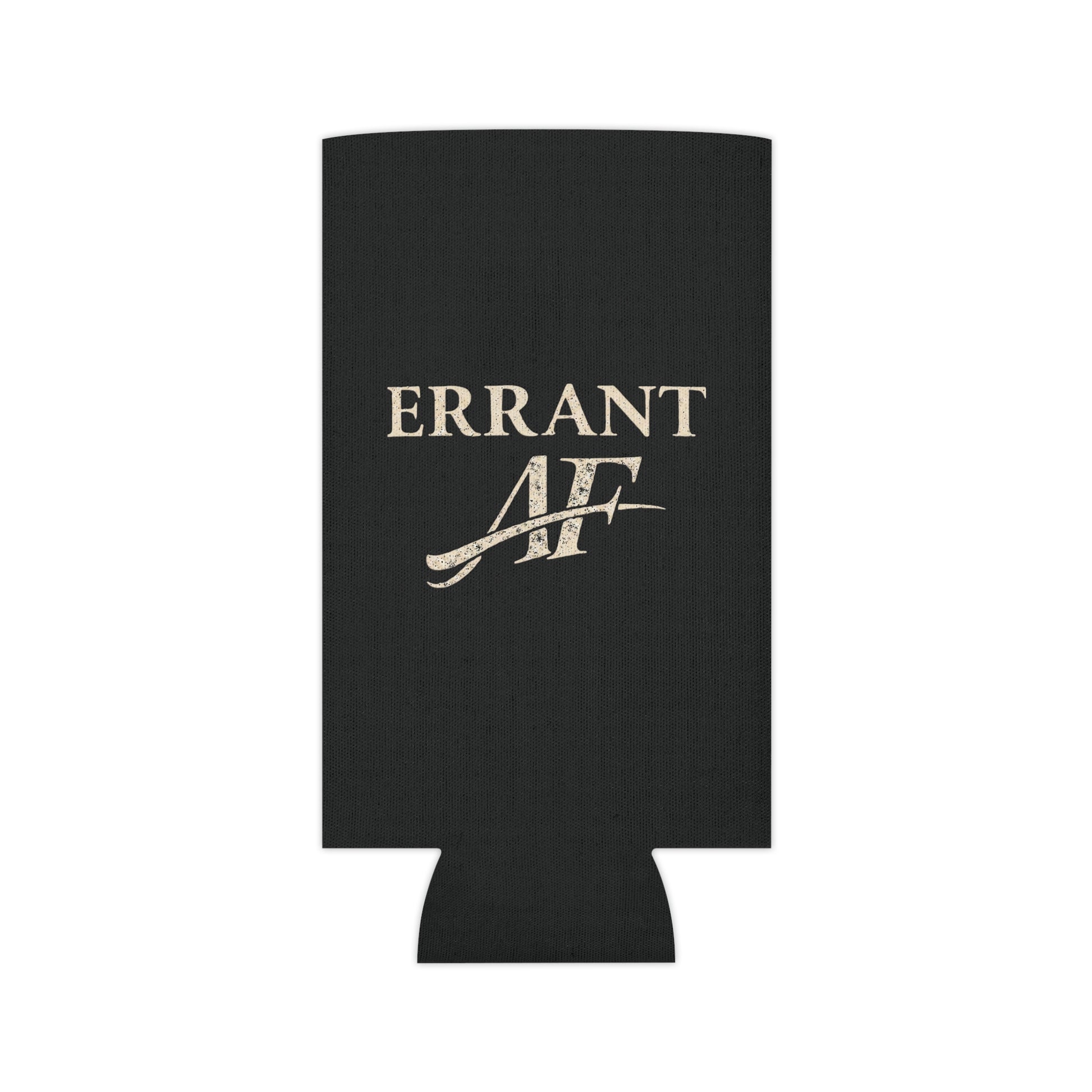 Errant AF black can cooler with distressed cream typography