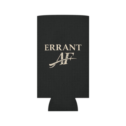 Errant AF black can cooler with distressed cream typography