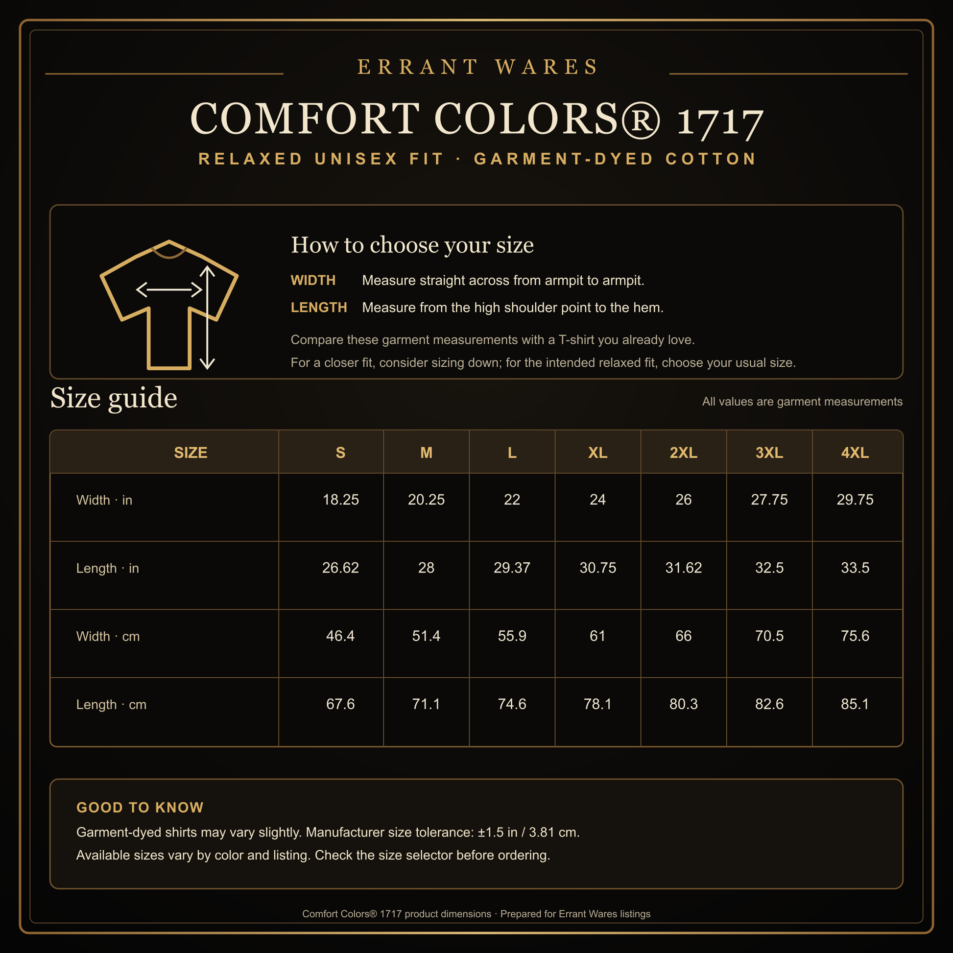 Comfort Colors 1717 relaxed unisex T-shirt size guide with measurements in inches and centimeters