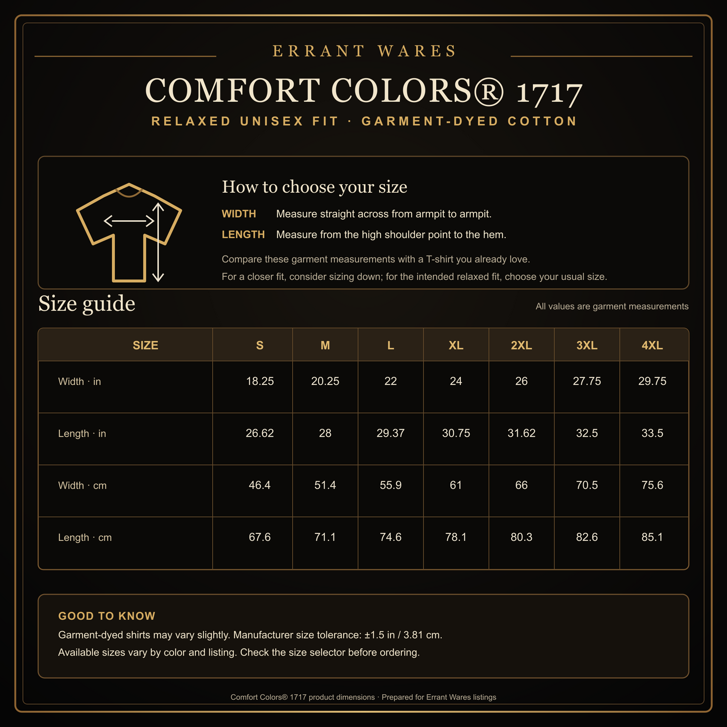 Comfort Colors 1717 relaxed unisex T-shirt size guide with measurements in inches and centimeters