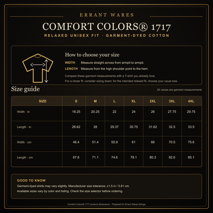 Comfort Colors 1717 relaxed unisex T-shirt size guide with measurements in inches and centimeters